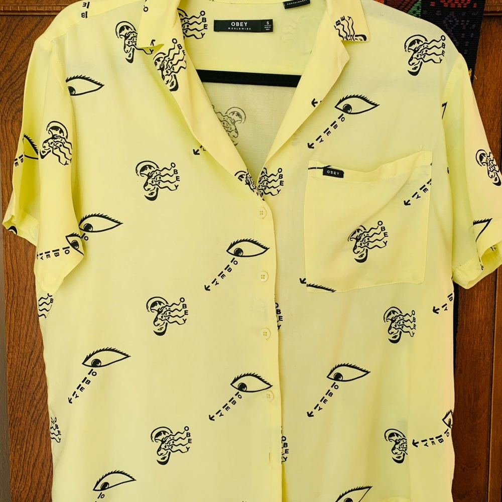 OBEY Teachable Fair Trade Ears & Eyes Theme Bright Yellow Shirt